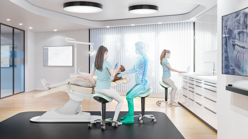 sgabello a forma di sella in una laboratorio medico o dentale